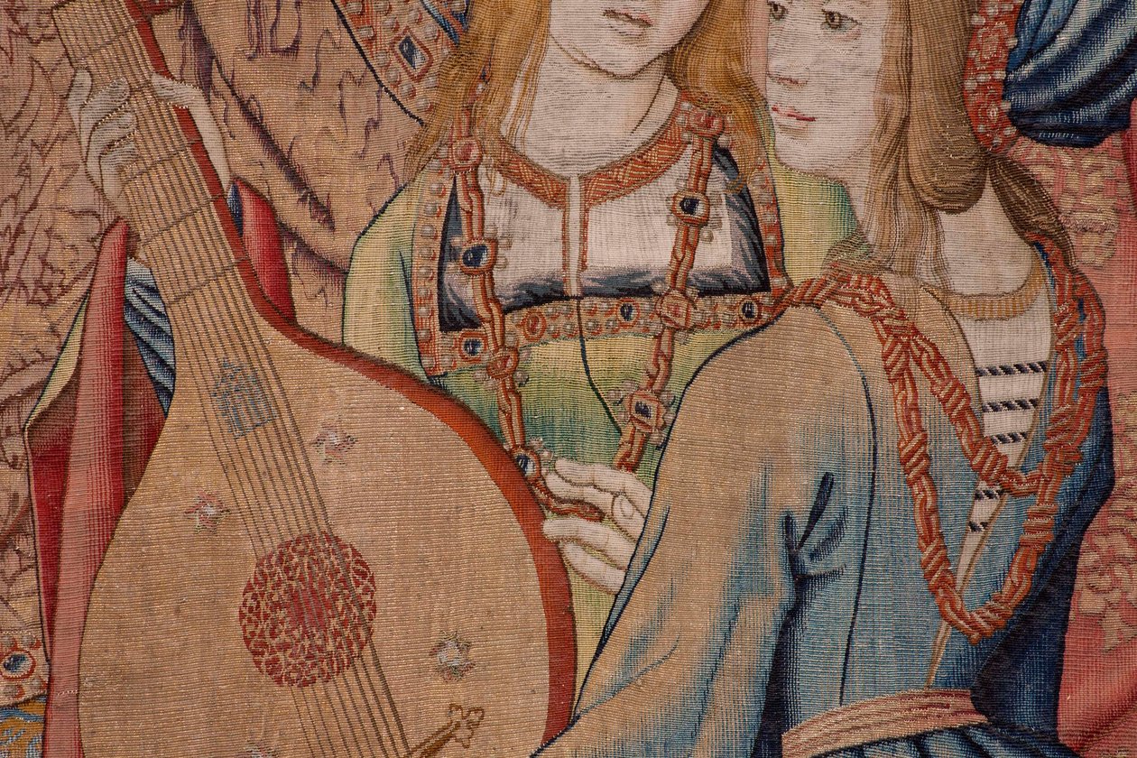 Vlámský gobelín. Seriál Historie Davida a Batšeby. Prorok Nathan kárá krále Davida (El profeta Natán reprende a David). Třetí panel série. Anonymní model. Neznámá výroba, Brusel. 1505. Látka Zlato, hedvábí a vlna. od Flemish School