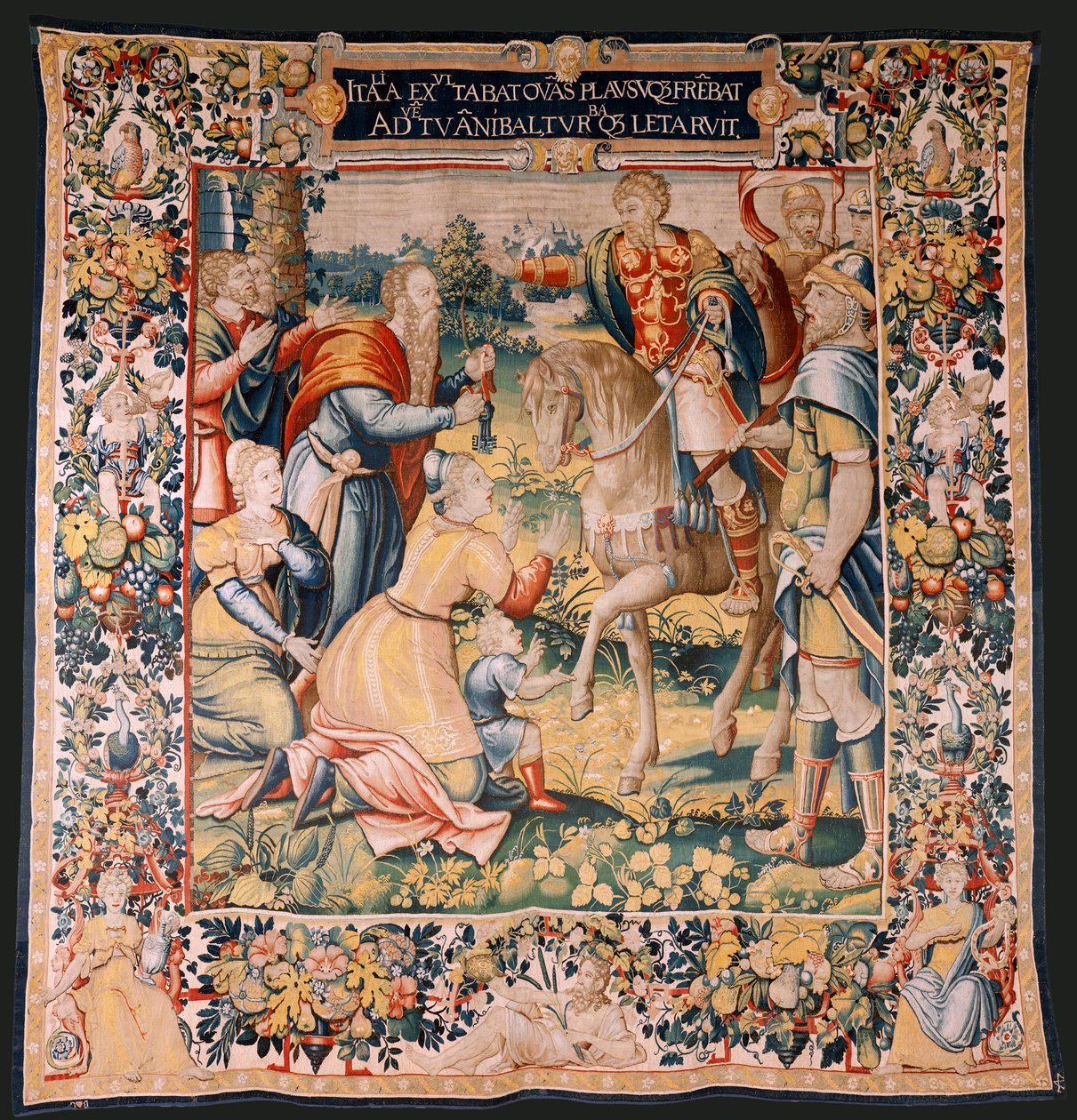 Vlámský gobelín. Seriál Historie Hannibala. Hannibal v Itálii (Aníbal en Italia). Třetí tapisérie ze zachovaných. Modelky Anonymní mistr Nizozemska. bruselská výroba, dílna. Ca 1570. Látka Vlna a hedvábí. 6,5/7 osnovy na cm. Velikost od Flemish School