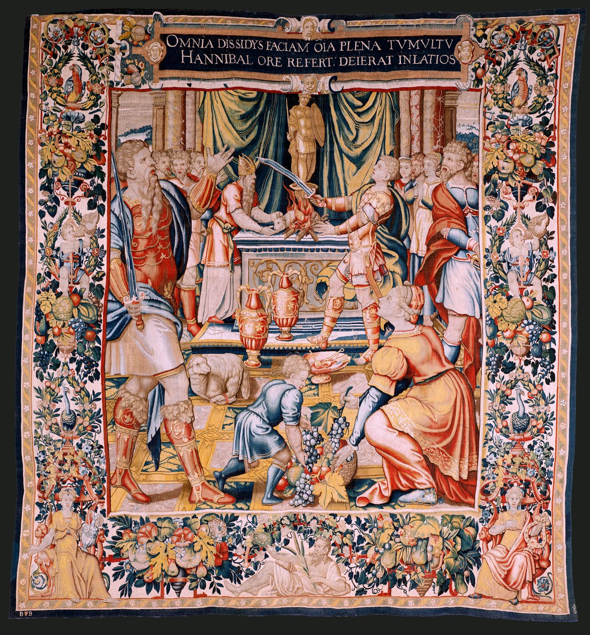 Vlámský gobelín. Seriál Historie Hannibala. Hannibalova přísaha (Juramento de Aníbal). První tapisérie v sérii. Karikatury anonymní mistr Nizozemska. bruselská výroba, dílna. Cca 1570. Látka Vlna a hedvábí, 6,5/7 osnovy na cm. Velikost 34 od Flemish School
