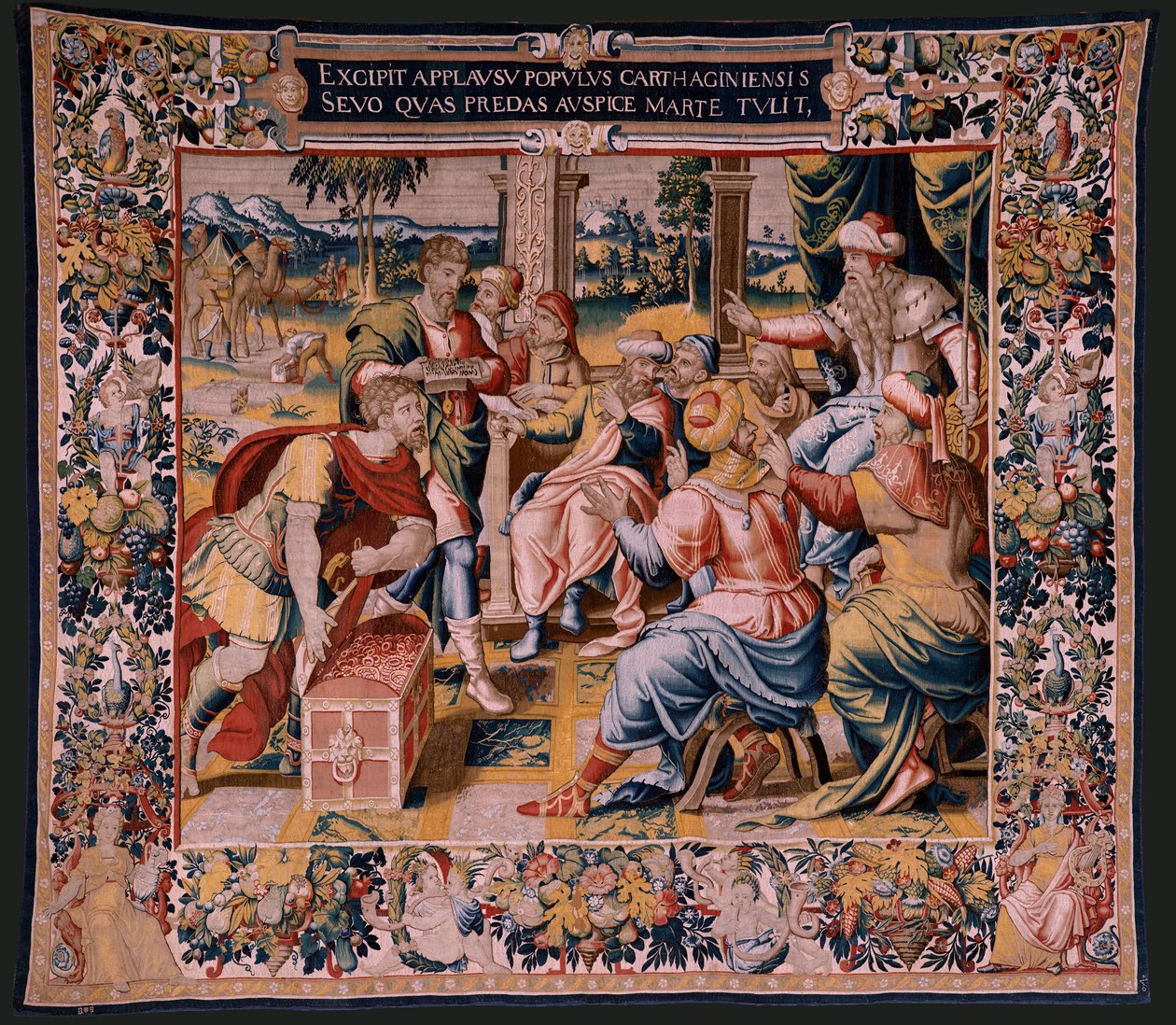 Vlámský gobelín. Seriál Historie Hannibala. Mago, Hannibalův posel, v Kartágu (Magón, mensajero de Aníbal, en Cartago). Pátý gobelín z dochovaných. Modelky Anonymní mistr Nizozemska. bruselská výroba, dílna. Kolem 1570. Fab od Flemish School