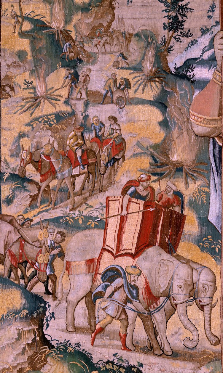 Vlámský gobelín. Seriál Historie Hannibala. Přechod Alp (Paso de los Alpes). Druhá tapisérie z dochovaných. Modelky Anonymní mistr Nizozemska. bruselská výroba, dílna. Cca 1570. Látka Vlna a hedvábí, 6,5/7 osnovy za od Flemish School