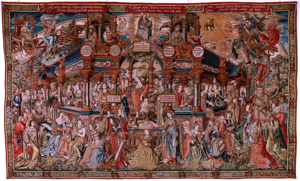 Vlámský gobelín. Seriál Vyznamenání. Ctnost (La Virtu, El Vicio). Osmý gobelín v sérii. Modelové karikaturisty z okruhu Bernarda van Orleyho a Jana Gossaerta (Mabuse). Výroba Pieter van Aelst, Brusel. Ca 1550. Tkanina Zlato, stříbro, hedvábí a od Flemish School