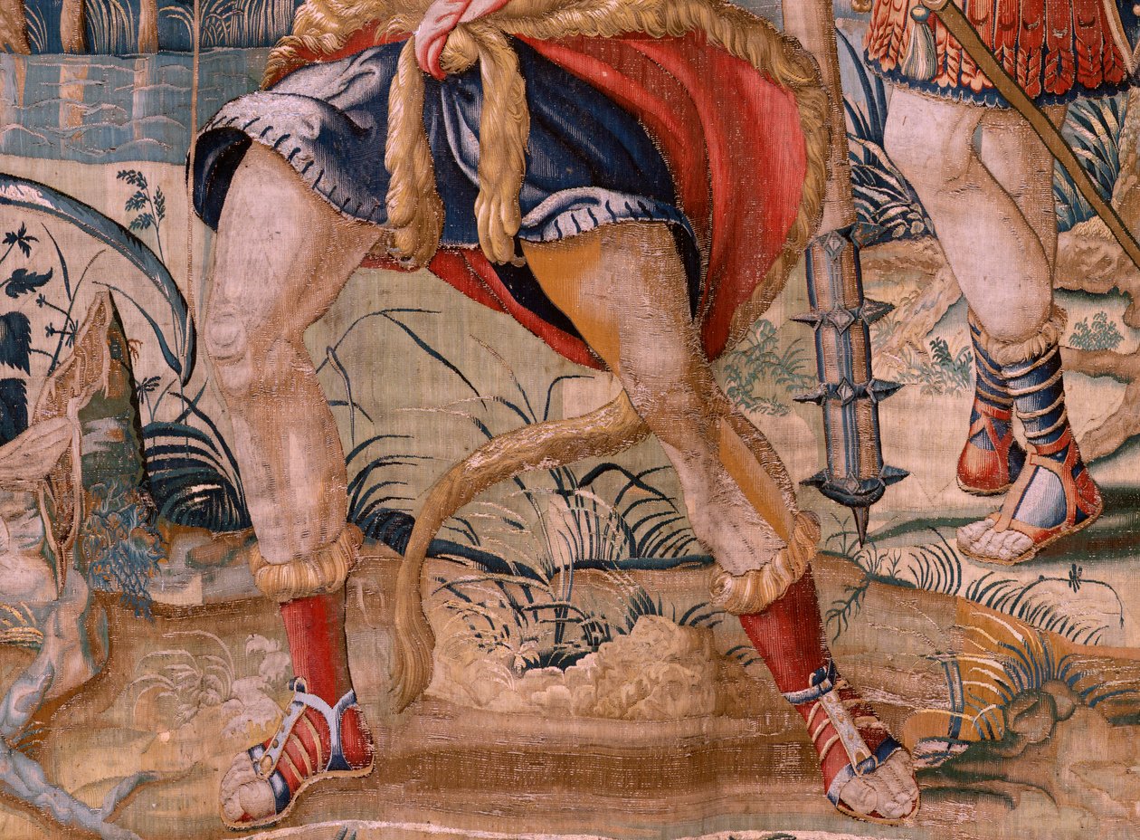 Vlámský gobelín. Seriál The Labors of Hercules. Hercules a Stymphalian ptáci (Hércules y las aves del lago Estínfalo). První tapisérie v dochované sérii. Model neznámý. Výroba Willem Dermoyen, Brusel. Ca 1528. Látka Hedvábí a vlna. ; Velikost od Flemish School