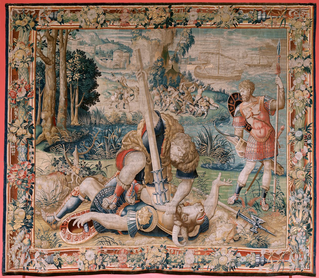 Vlámský gobelín. Seriál The Labors of Hercules. Herkules bojující s Minotaurem. Herkules bojující s Minotaurem). Druhá tapisérie v dochované sérii. ModelNeznámý. Výroba Willem Dermoyen, Brusel. Kolem 1528. od Flemish School