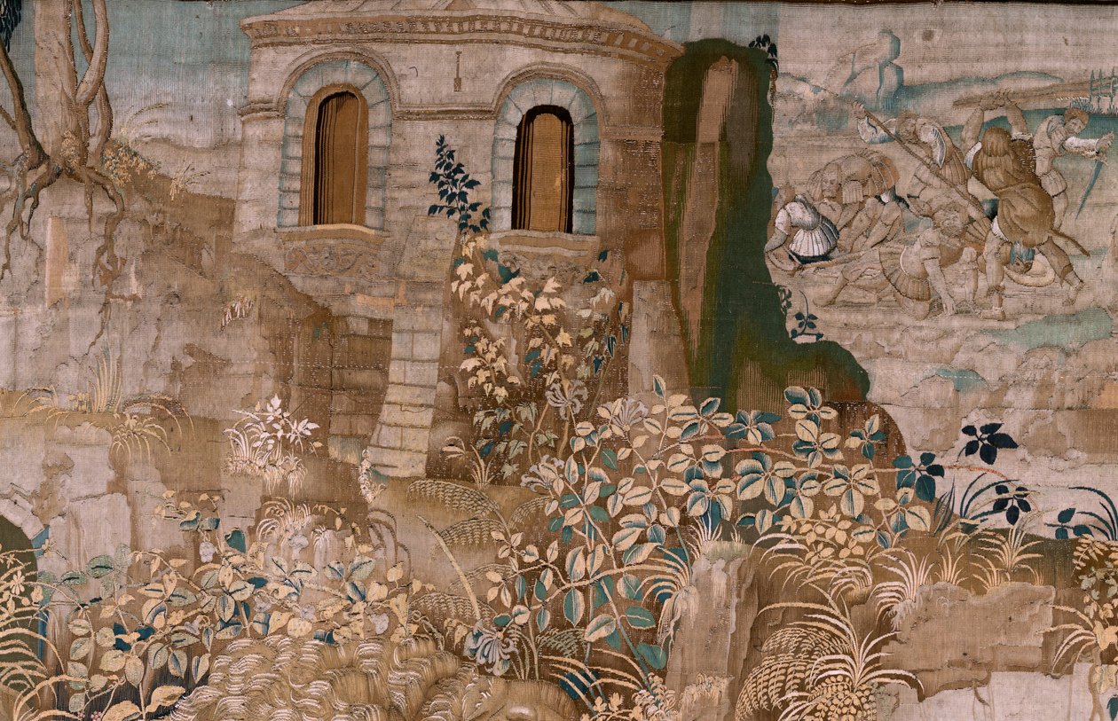 Vlámský gobelín. Seriál The Labors of Hercules. Herkules zajme Cerbera (Hércules captura a Cancerbero). Šestá tapisérie v dochované sérii. Model neznámý. Výroba Willem Dermoyen, Brusel. Ca1528. Tkanina Hedvábí a vlna. Rozměr 345 x 390 cm. Locati od Flemish School
