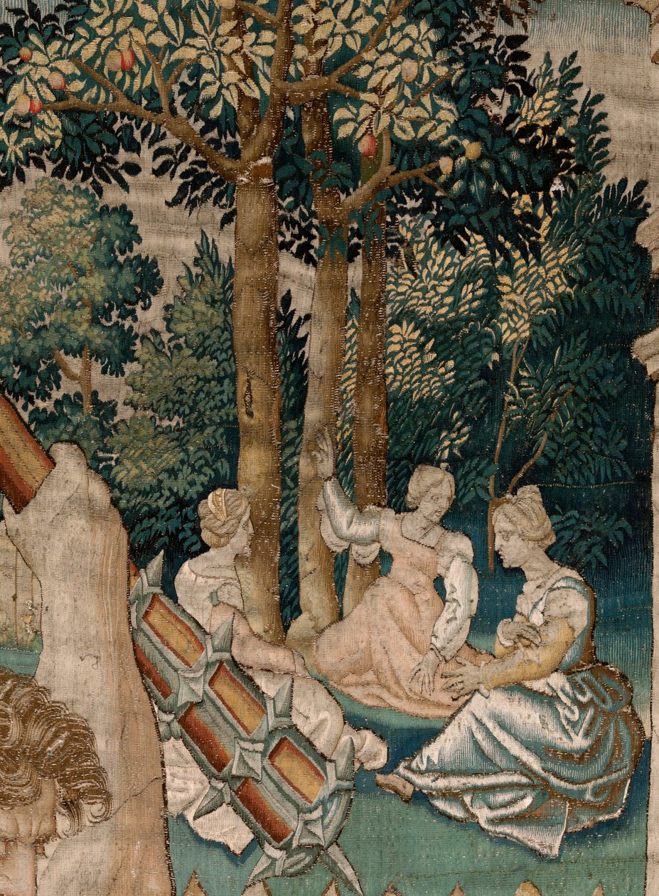 Vlámský gobelín. Seriál The Labors of Hercules. Herkules v zahradě Hesperidek (Hércules en el jardín de las Hespérides). Pátá tapisérie v dochované sérii. Model neznámý. Výroba Willem Dermoyen, Brusel. Ca 1528. Látka Hedvábí a vlna. od Flemish School
