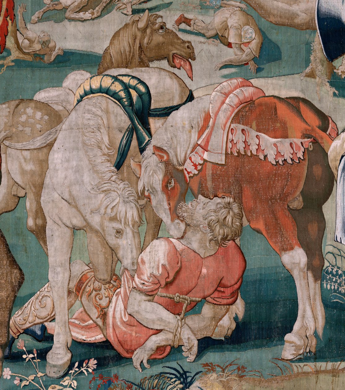 Vlámský gobelín. Seriál The Labors of Hercules. Diomedovi koně (Los caballos de Diomedes). Třetí tapisérie v dochované sérii. Model neznámý. Výroba Willem Dermoyen, Brusel. Ca1528. Tkanina Hedvábí a vlna. Rozměr 350 x 400 cm. Místo Royal od Flemish School