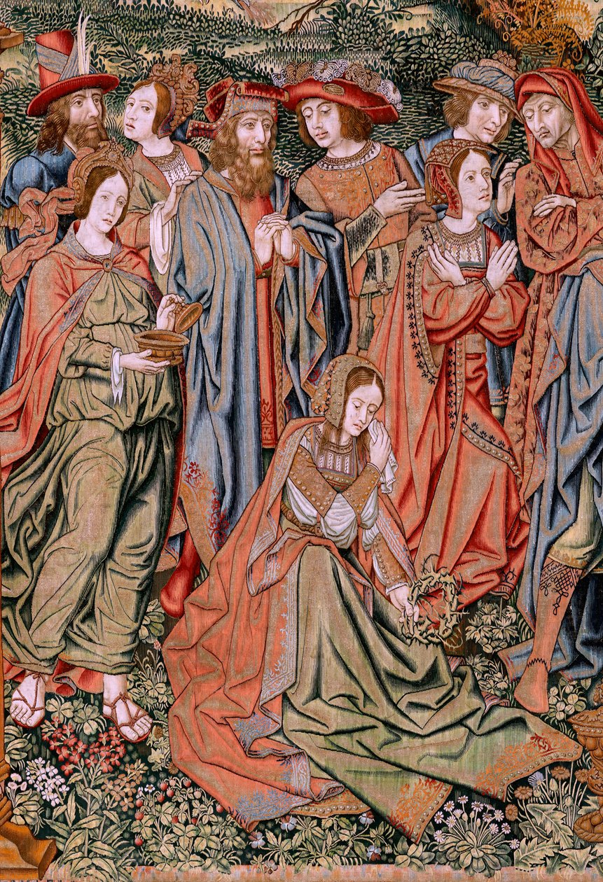 Vlámský gobelín. Seriál Umučení Krista. Sestup z kříže (Descendimiento). Druhá série tapisérií Umučení Krista patřící Patrimonio Nacional. Modelové karikaturisty z okruhu Jana van Roome. Výroba Pieter va od Flemish School