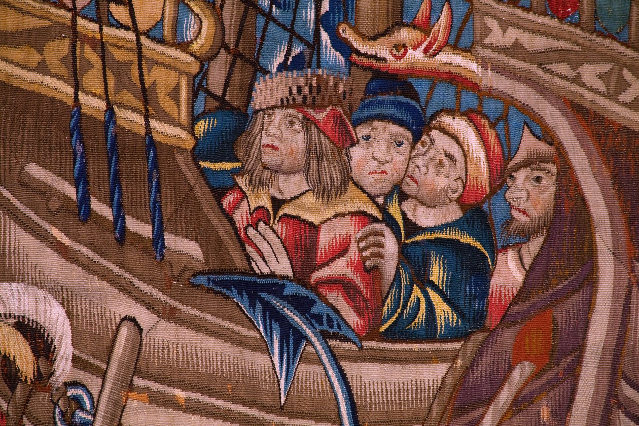 Vlámský gobelín. Seriál Portugalci v Indii: Přílet do Calicut (z Aankomstu v Calicut, Llegado de Vasco de Gama do Lisabonu). Ca 1510. Sbírka Caixa Geral de Depósitos, Lisabon. Detail. od Flemish School