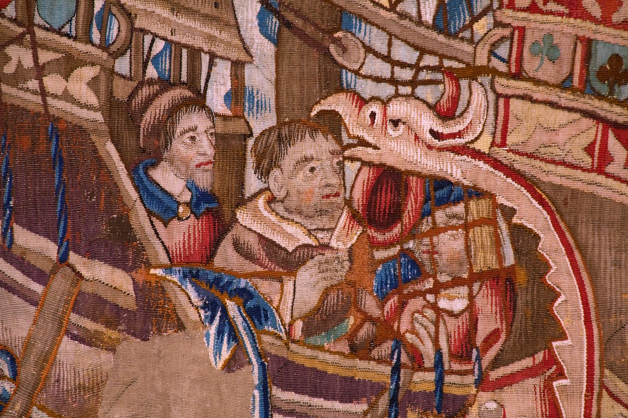 Vlámský gobelín. Seriál Portugalci v Indii: Přílet do Calicut (z Aankomstu v Calicut, Llegado de Vasco de Gama do Lisabonu). Ca 1510. Sbírka Caixa Geral de Depósitos, Lisabon. Detail. od Flemish School