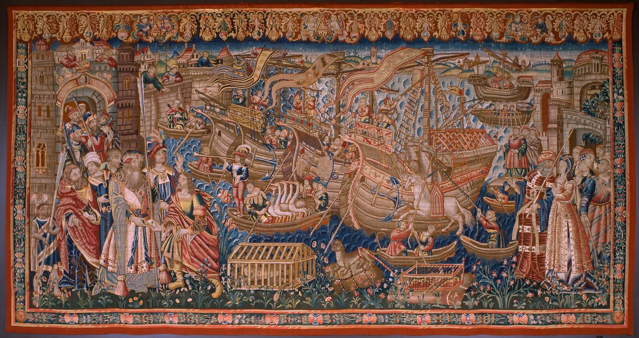 Vlámský gobelín. Seriál Portugalci v Indii: Přílet do Calicut (z Aankomstu v Calicut, Llegado de Vasco de Gama do Lisabonu). Ca 1510. Sbírka Caixa Geral de Depósitos, Lisabon. od Flemish School