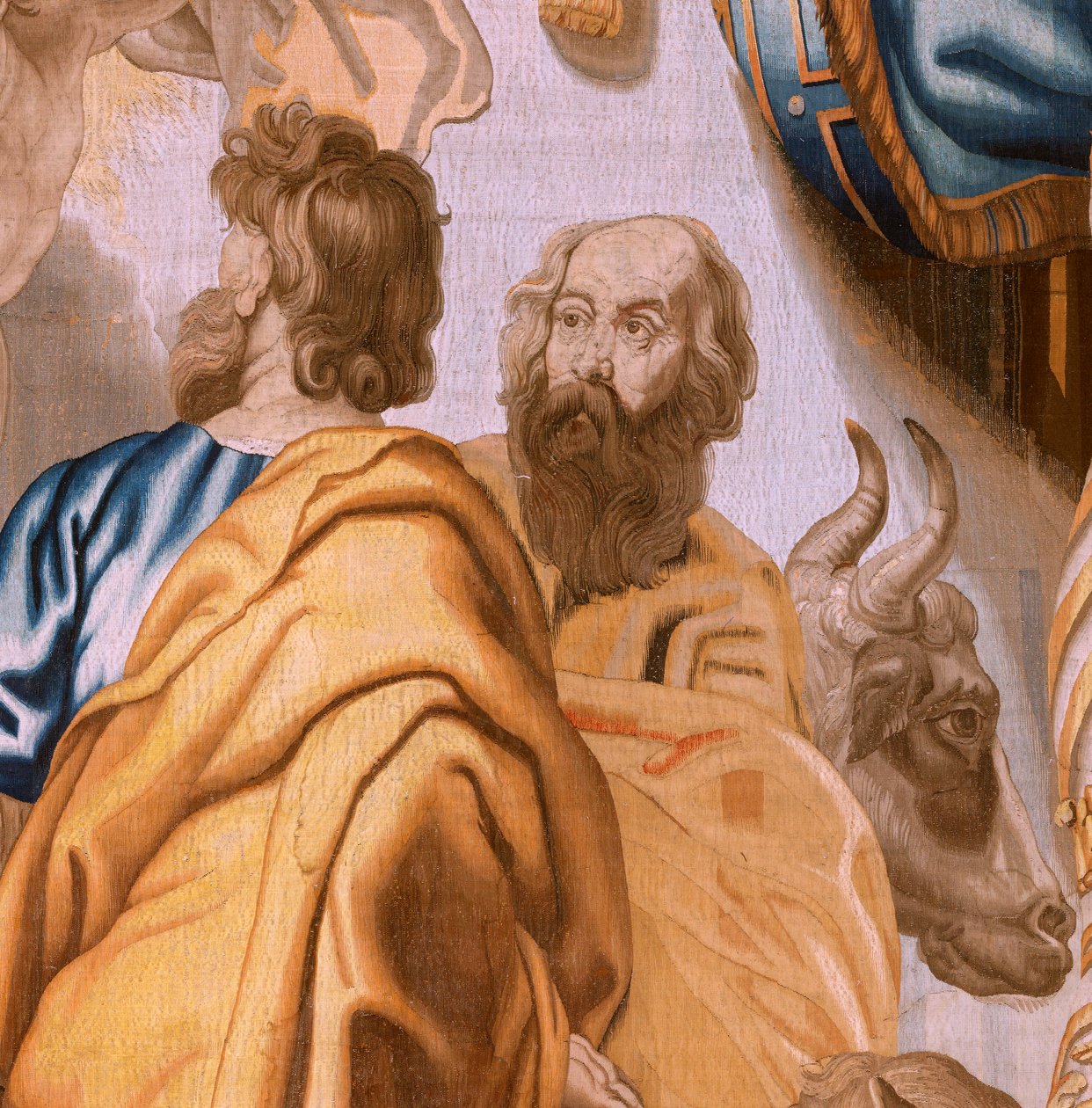 Vlámský gobelín. Seriál Triumf eucharistie. Čtyři evangelisté (Los cuatro evangelistas). Jedenáctá tapisérie v sérii. Model Peter Paul Rubens. 1626-1628. Výroba Jan II Raes, Hans Vervoert, Jacques Fobert, Brusel od Flemish School