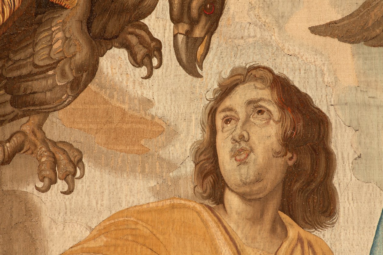 Vlámský gobelín. Seriál Triumf eucharistie. Čtyři evangelisté (Los cuatro evangelistas). Jedenáctá tapisérie v sérii. Model Peter Paul Rubens. 1626-1628. Výroba Jan II Raes, Hans Vervoert, Jacques Fobert, Brusel od Flemish School