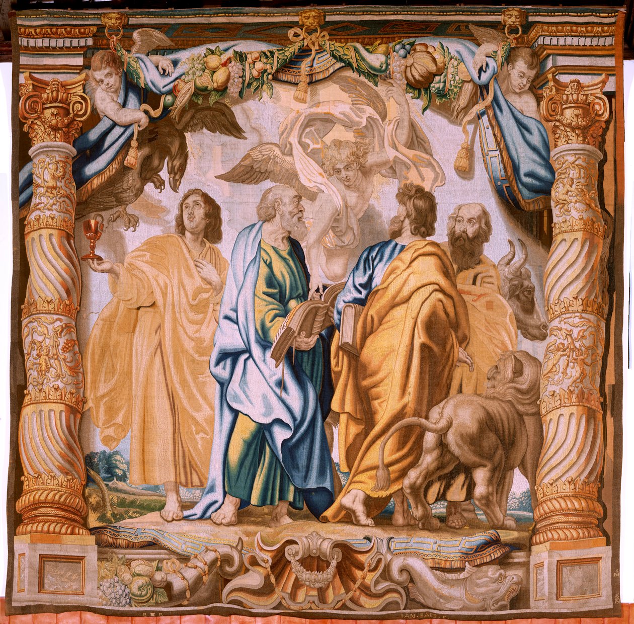 Vlámský gobelín. Seriál Triumf eucharistie. Čtyři evangelisté (Los cuatro evangelistas). Jedenáctá tapisérie v sérii. Model Peter Paul Rubens. 1626-1628. Výroba Jan II Raes, Hans Vervoert, Jacques Fobert, Brusel od Flemish School