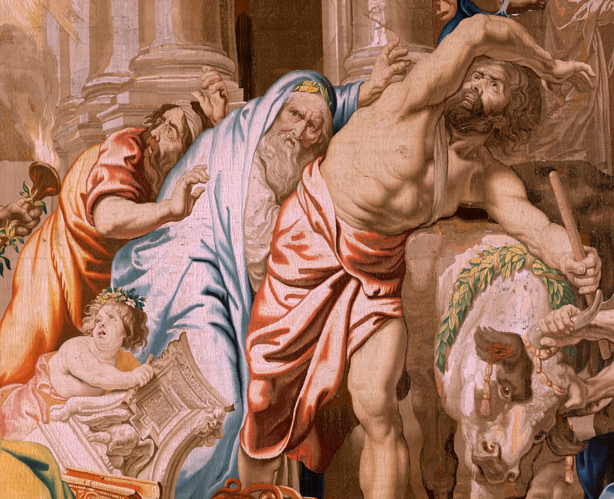 Vlámský gobelín. Seriál Triumf eucharistie. Vítězství eucharistie nad pohanskými oběťmi (Victoria de la Eucaristía sobre los sacrificios paganos). Čtvrtá tapisérie v sérii. Model Peter Paul Rubens. 1626-1628. Výroba Jan II Raes, Jac od Flemish School