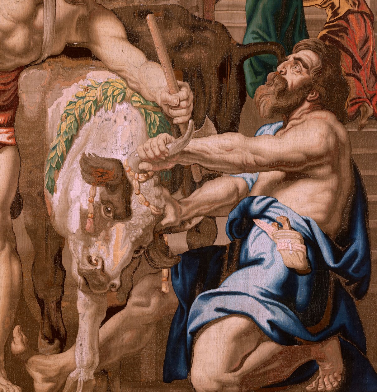 Vlámský gobelín. Seriál Triumf eucharistie. Vítězství eucharistie nad pohanskými oběťmi (Victoria de la Eucaristía sobre los sacrificios paganos). Čtvrtá tapisérie v sérii. Model Peter Paul Rubens. 1626-1628. Výroba Jan II Raes, Jac od Flemish School