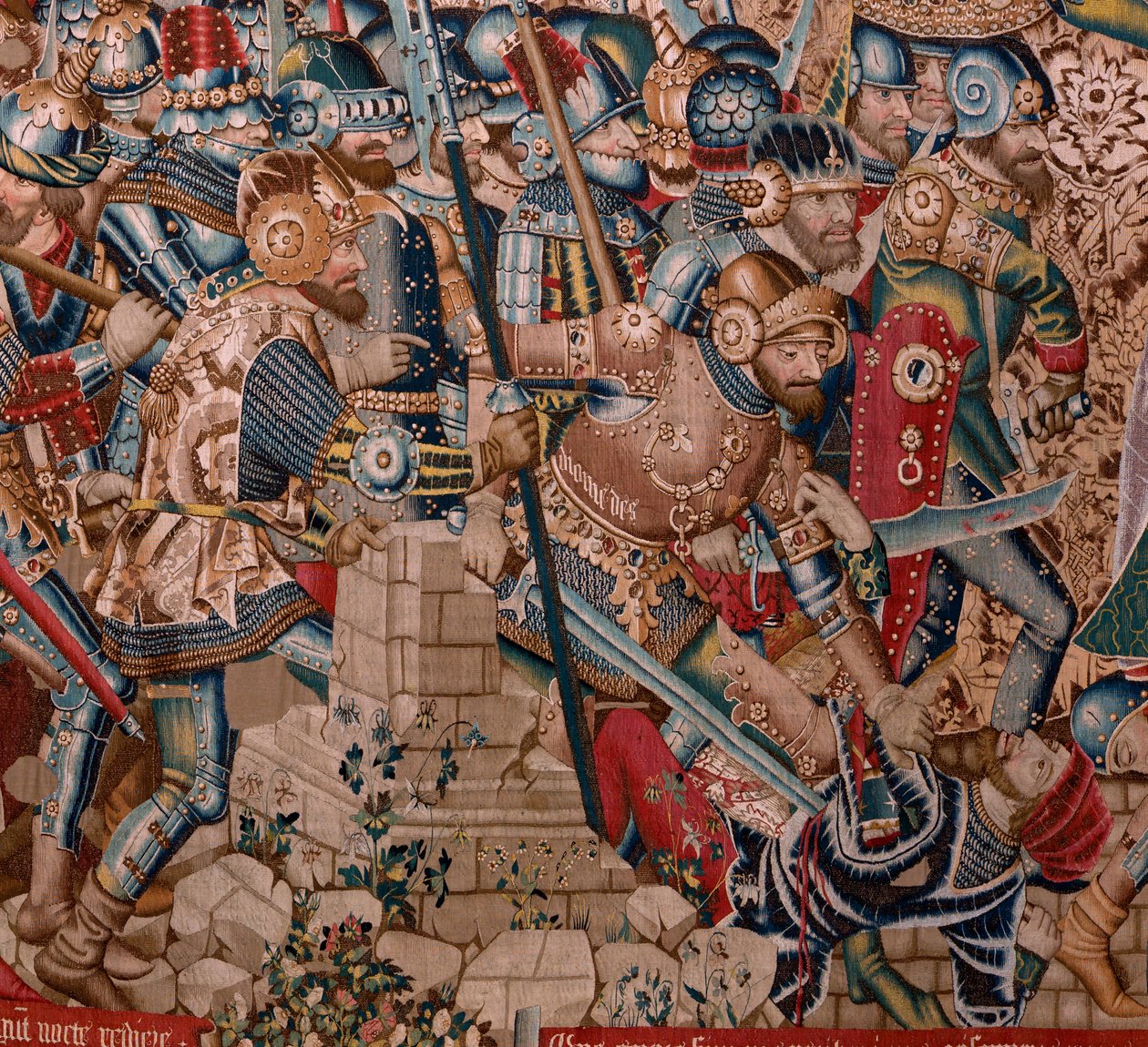 Vlámský gobelín. Seriál Trojská válka. Zničení Tróje (Destrucción de Troya). Jedenáctá tapisérie v sérii. Model Coëtivy Master (Henry nebo Conrard de Vulcop). Výroba dílen Tournai. Ca 1470. Látka Vlna a hedvábí, 6/7 osnovy na cm. od Flemish School