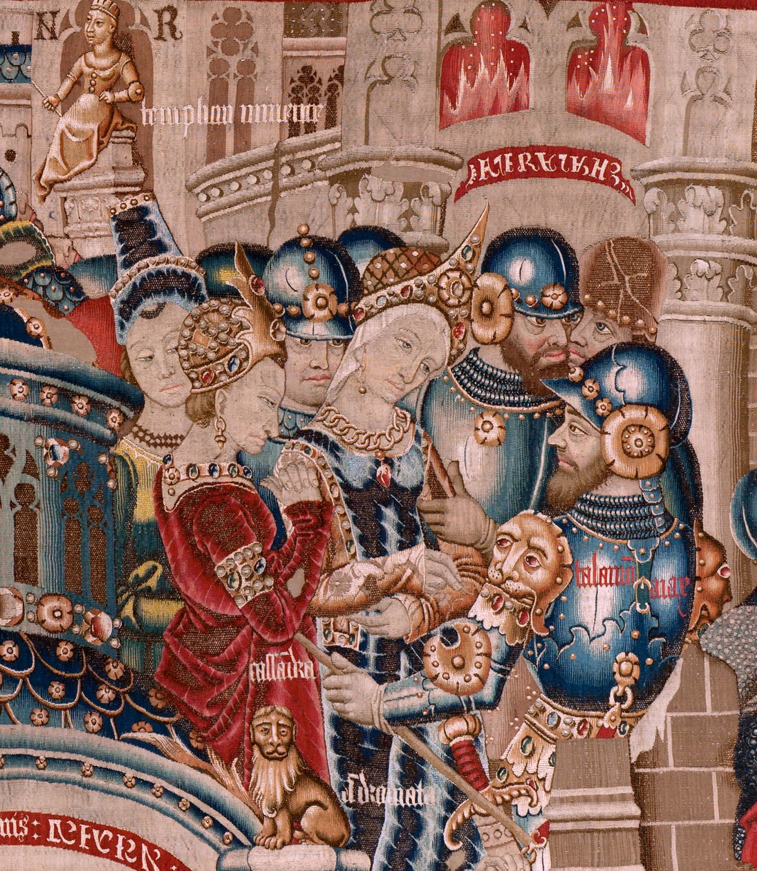 Vlámský gobelín. Seriál Trojská válka. Zničení Tróje (Destrucción de Troya). Jedenáctá tapisérie v sérii. Model Coëtivy Master (Henry nebo Conrard de Vulcop). Výroba dílen Tournai. Ca 1470. Látka Vlna a hedvábí, 6/7 osnovy na cm. od Flemish School