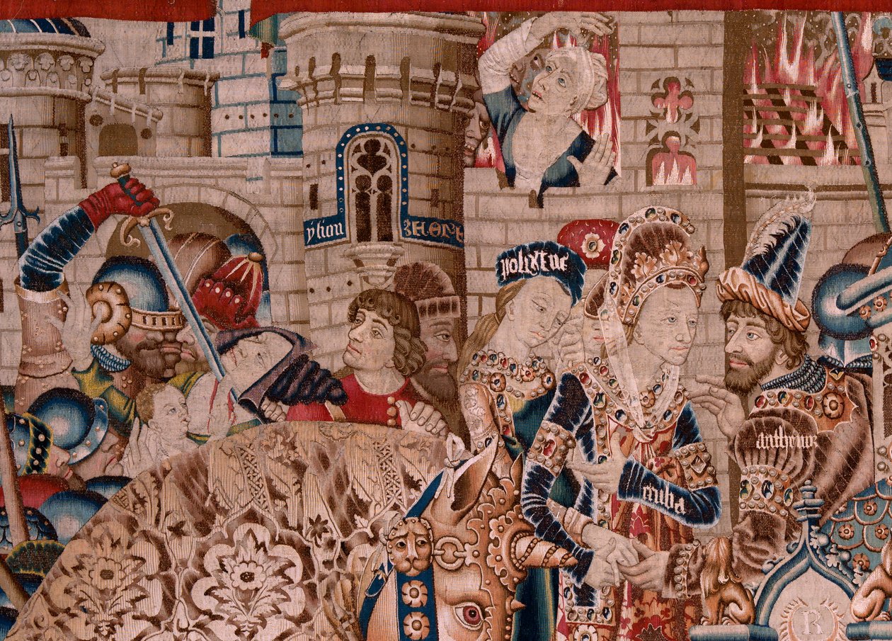 Flemish tapestry. Series The Trojan War. The Destruction of Troy (Destrucción de Troya). Eleventh tapestry in the series. Model Coëtivy Master (Henry or Conrard de Vulcop). Manufacture Tournai workshops. Ca 1470. Fabric Wool and silk, 6/7 warps per cm.   1 od Flemish School
