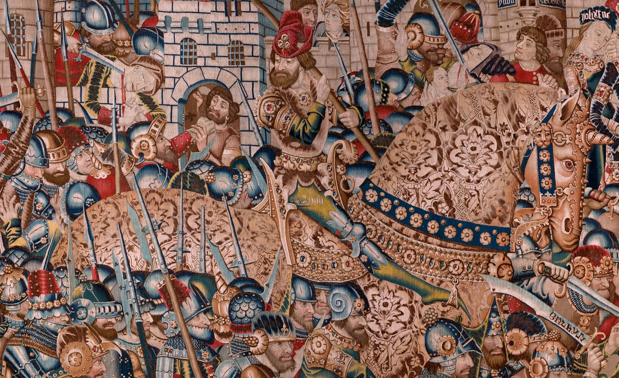 Vlámský gobelín. Seriál Trojská válka. Zničení Tróje (Destrucción de Troya). Jedenáctá tapisérie v sérii. Model Coëtivy Master (Henry nebo Conrard de Vulcop). Výroba dílen Tournai. Ca 1470. Látka Vlna a hedvábí, 6/7 osnovy na cm. od Flemish School