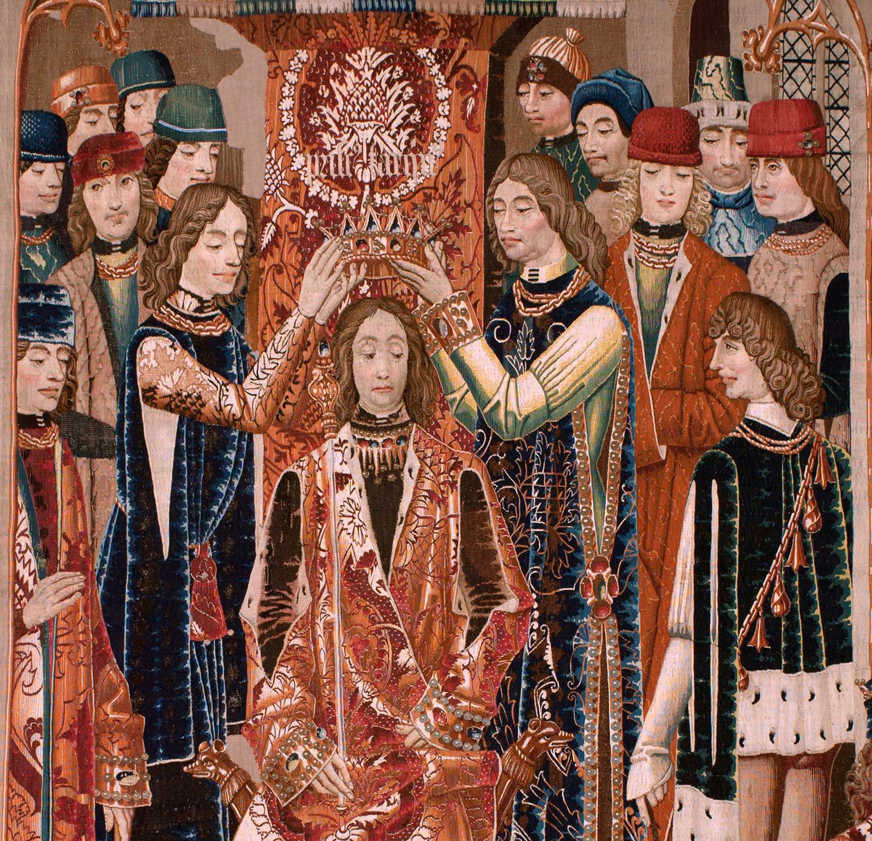 Vlámský gobelín. Série Neznámá. římské dějiny? Tarquinius Priscus (Tarquino Prisco). Výroba bruselských dílen?. Ca 1475. Látka Vlna a hedvábí, 6 osnov na cm. Původ Dar hraběte Alby de Aliste, dorazil do katedrály v roce 1608. ; Locati od Flemish School