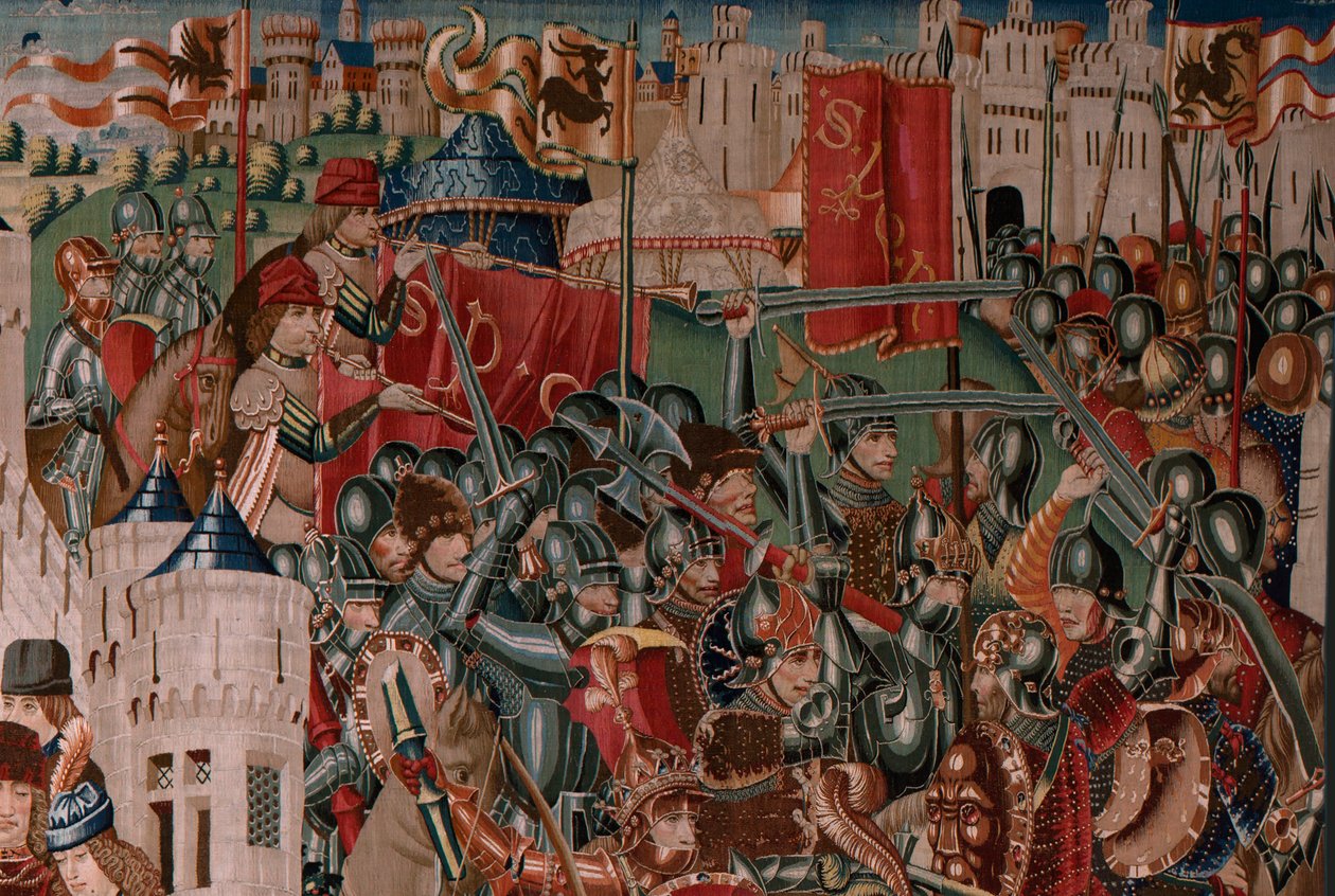 Vlámský gobelín. Série Neznámá. římské dějiny? Tarquinius Priscus (Tarquino Prisco). Výroba bruselských dílen?. Ca 1475. Látka Vlna a hedvábí, 6 osnov na cm. Původ Dar hraběte Alby de Aliste, dorazil do katedrály v roce 1608. ; Locati od Flemish School