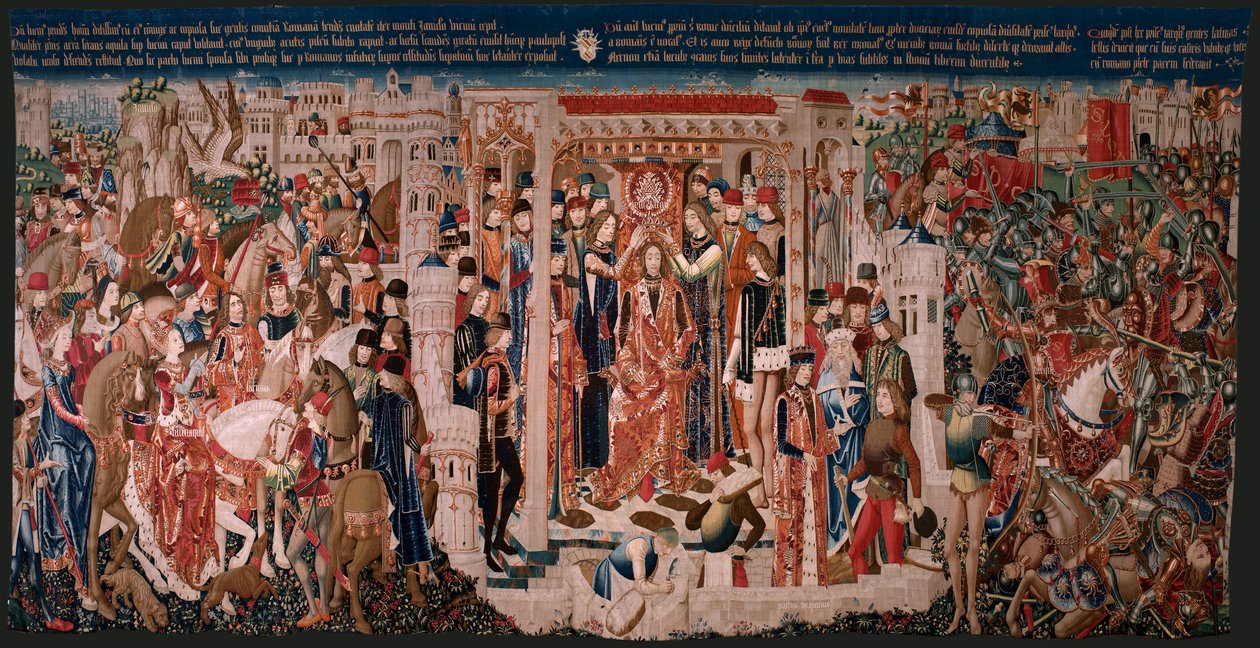 Vlámský gobelín. Série Neznámá. římské dějiny? Tarquinius Priscus (Tarquino Prisco). Výroba bruselských dílen?. Ca 1475. Látka Vlna a hedvábí, 6 osnov na cm. Původ Dar hraběte Alby de Aliste, dorazil do katedrály v roce 1608. ; Locati od Flemish School