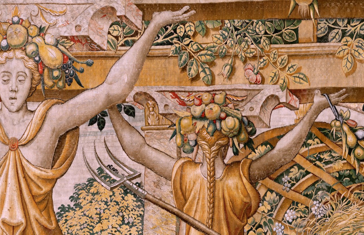 Vlámský gobelín. Série Vertumnus a Pomona. No II Vertumnus přeměněn na farmáře (Vertumno y Pomona II Vertumno transformado en agricultor) no1 levá část. Modelový kruh Pietera Coecke Van Aelsta a Léonarda Thiryho. Ateliér neznámý, Brusel. Zlato, od Flemish School