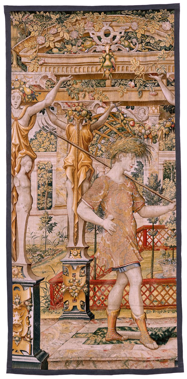 Vlámský gobelín. Série Vertumnus a Pomona. No II Vertumnus přeměněn na farmáře (Vertumno y Pomona II Vertumno transformado en agricultor) no1 levá část. Modelový kruh Pietera Coecke Van Aelsta a Léonarda Thiryho. Ateliér neznámý, Brusel. Zlato, od Flemish School