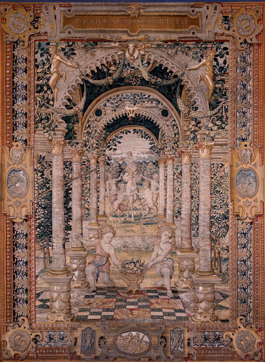 Vlámský gobelín. Série Vertumnus a Pomona. Sedmá tapisérie série; Vertumnus proměněný v rybáře (centrální část). Modelový kruh Pietera Coecke Van Aelsta a Léonarda Thiryho. Výroba neznámá dílna, Brusel. Před rokem 1550. Fabric Go od Flemish School