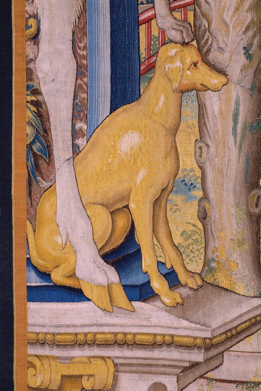 Vlámský gobelín. Série Vertumnus a Pomona: Vertumnus proměněný ve farmáře (Vertumnus jako farmář, Vertumno transformado a zemědělec). Studio Willem de Pannemaker. asi 1545-1550. Detail. od Flemish School