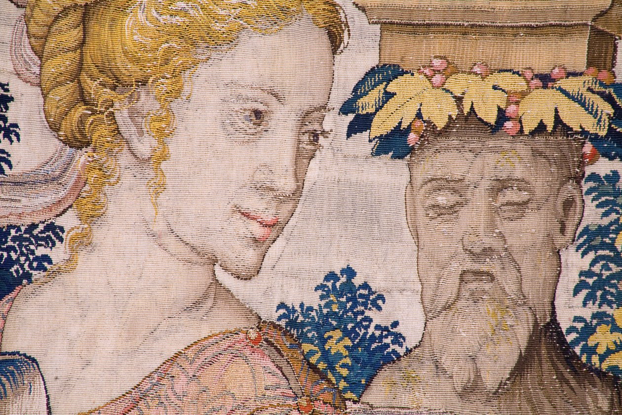 Vlámský gobelín. Série Vertumnus a Pomona: Vertumnus proměněný ve farmáře (Vertumnus jako farmář, Vertumno transformado a zemědělec). Studio Willem de Pannemaker. asi 1545-1550. Detail. od Flemish School