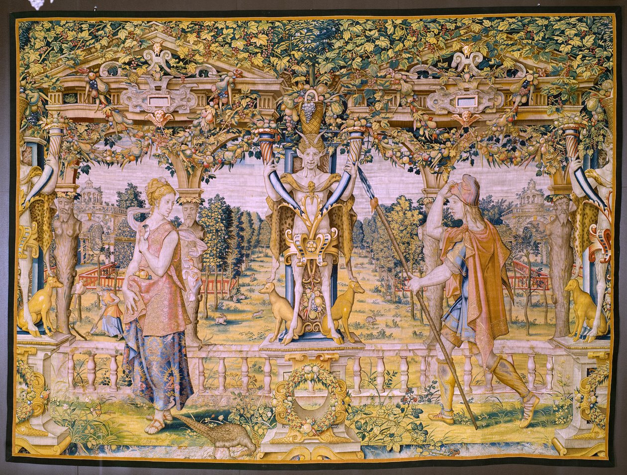 Vlámský gobelín. Série Vertumnus a Pomona: Vertumnus proměněný ve farmáře (Vertumnus jako farmář, Vertumno transformado a zemědělec). Studio Willem de Pannemaker. asi 1545-1550. od Flemish School