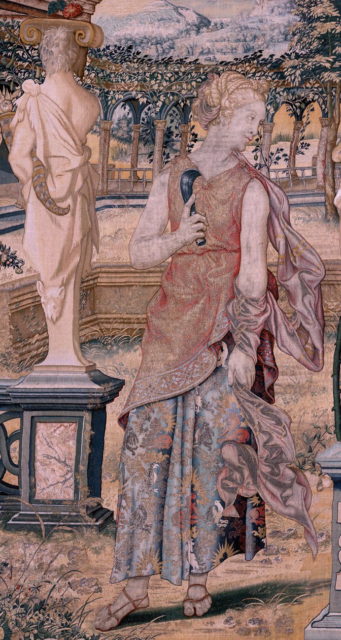 Vlámský gobelín. Série Vertumnus a Pomona. Vertumnus proměněný v kombajn (Vertumno transformado en segador). První tapisérie v sérii. Modelový kruh Pietera Coecka van Aelsta. ; Výroba Wilhelm Pannemaker, Brusel. Přibližně 1545-1550. Tkanina od Flemish School