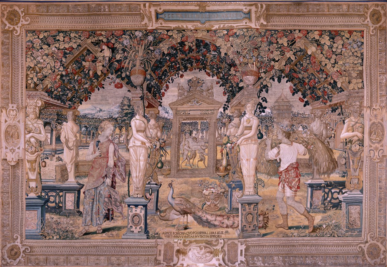 Vlámský gobelín. Série Vertumnus a Pomona. Vertumnus proměněný v kombajn (Vertumno transformado en segador). První tapisérie v sérii. Modelový kruh Pietera Coecka van Aelsta. ; Výroba Wilhelm Pannemaker, Brusel. Přibližně 1545-1550. Tkanina od Flemish School