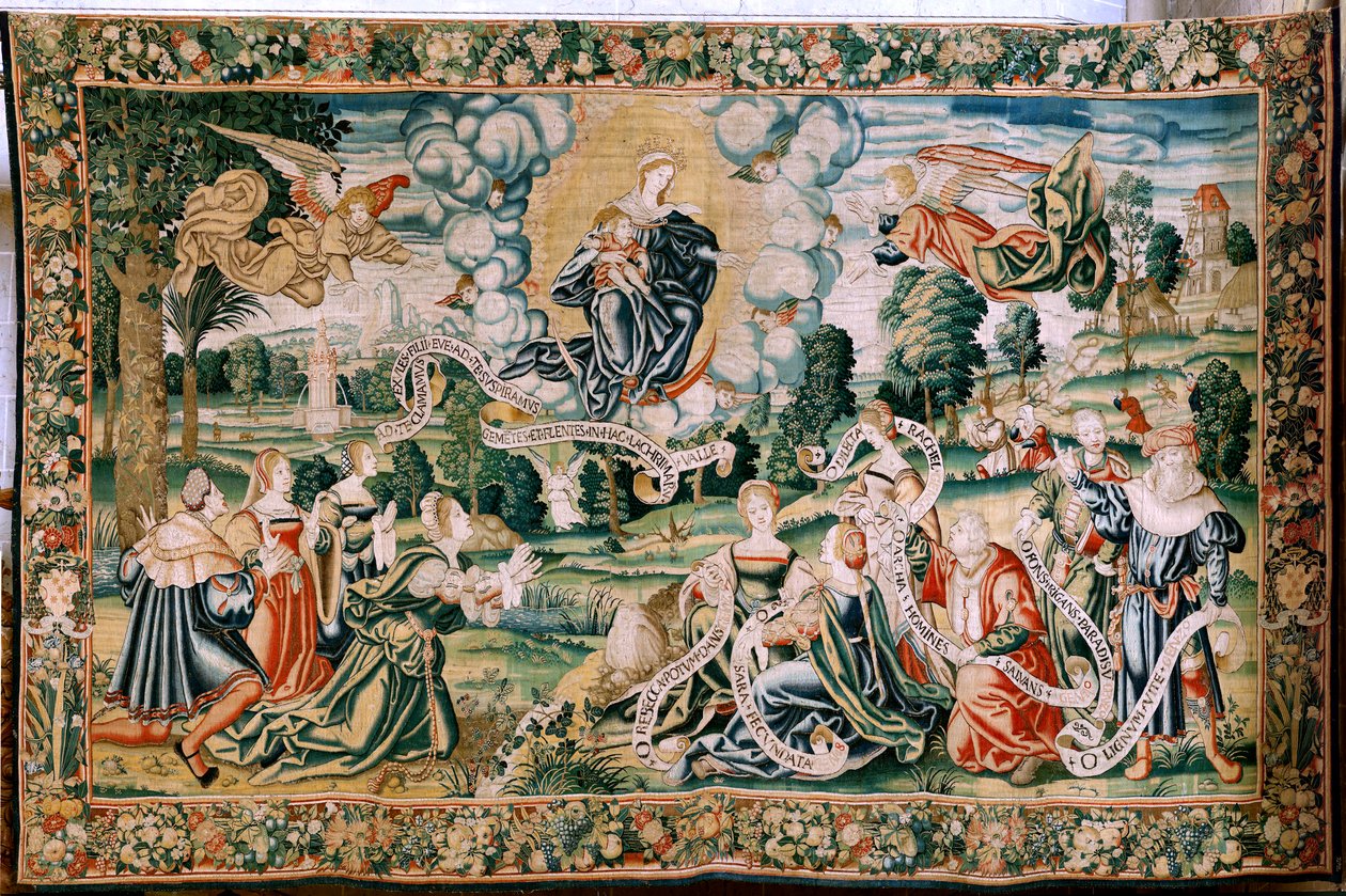 Vlámský gobelín. Seriál Hail. Ad te clamamus. Druhá tapisérie v sérii. Výroba bruselských dílen, možná výroba Marca Crétifa. Ca 1528. Rozměr 429 x 646 cm. Tkanina Hedvábí a vlna. Umístění Katedrála v Palencii. Původ Odkaz z od Flemish School