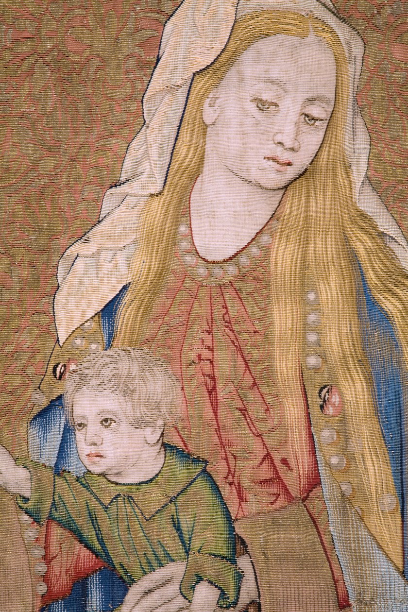 Vlámský gobelín. Panna s dítětem a anděly (Panna s dítětem a andělem, Marie se setkala s Kind in engelen). Cca od Flemish School