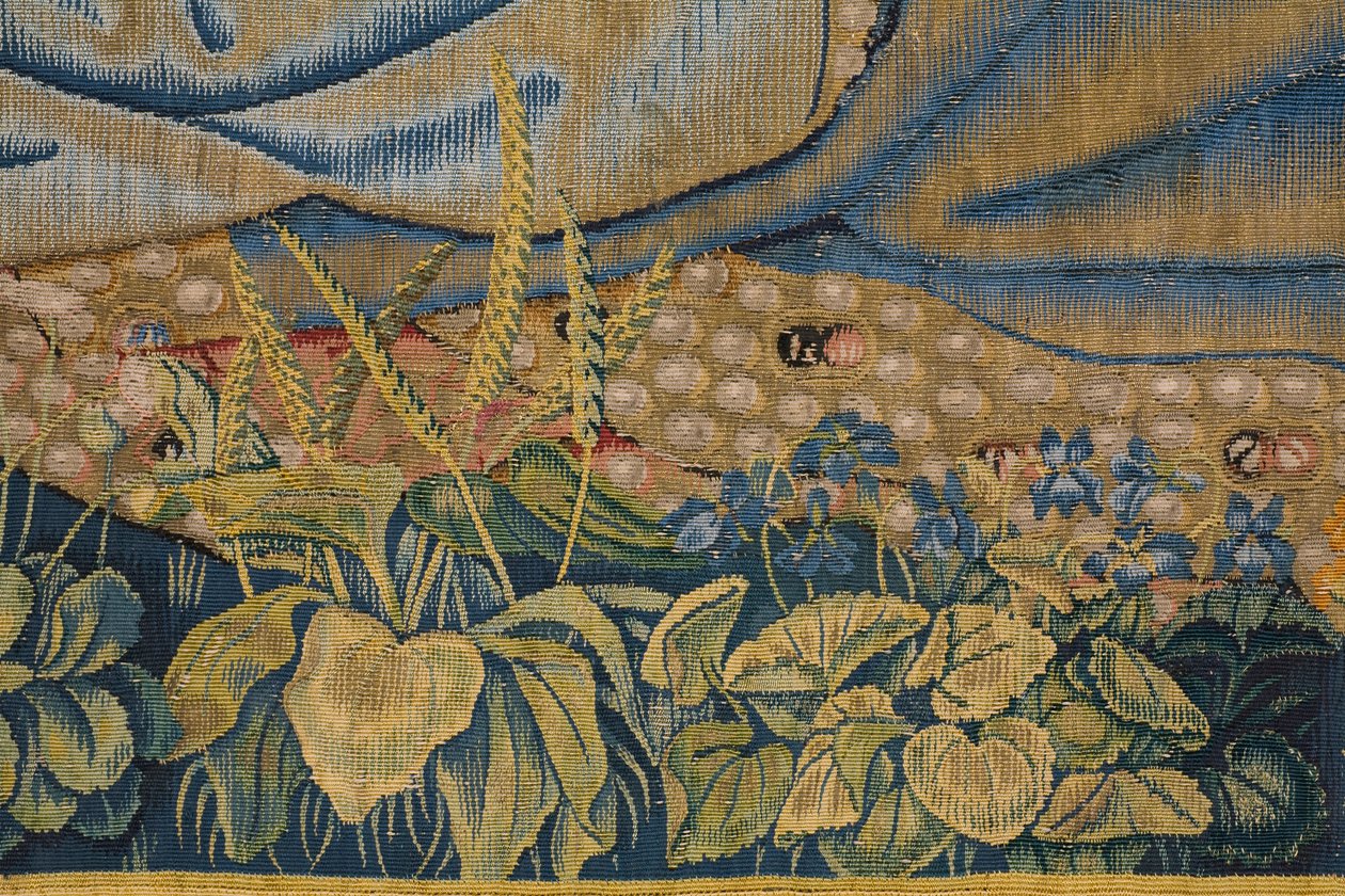 Vlámský gobelín. Panna s dítětem a anděly (Panna s dítětem a andělem, Marie se setkala s Kind in engelen). Cca od Flemish School