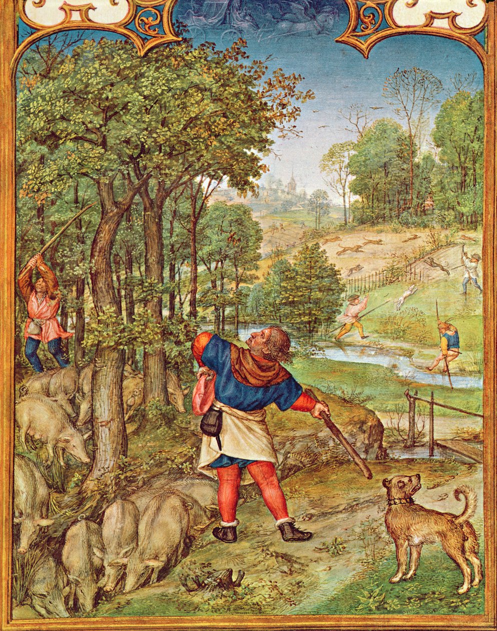 Fol.11v Měsíc listopad: sběr žaludů pro prasata a lov, z Breviarium Grimani, asi 1515 od Flemish School