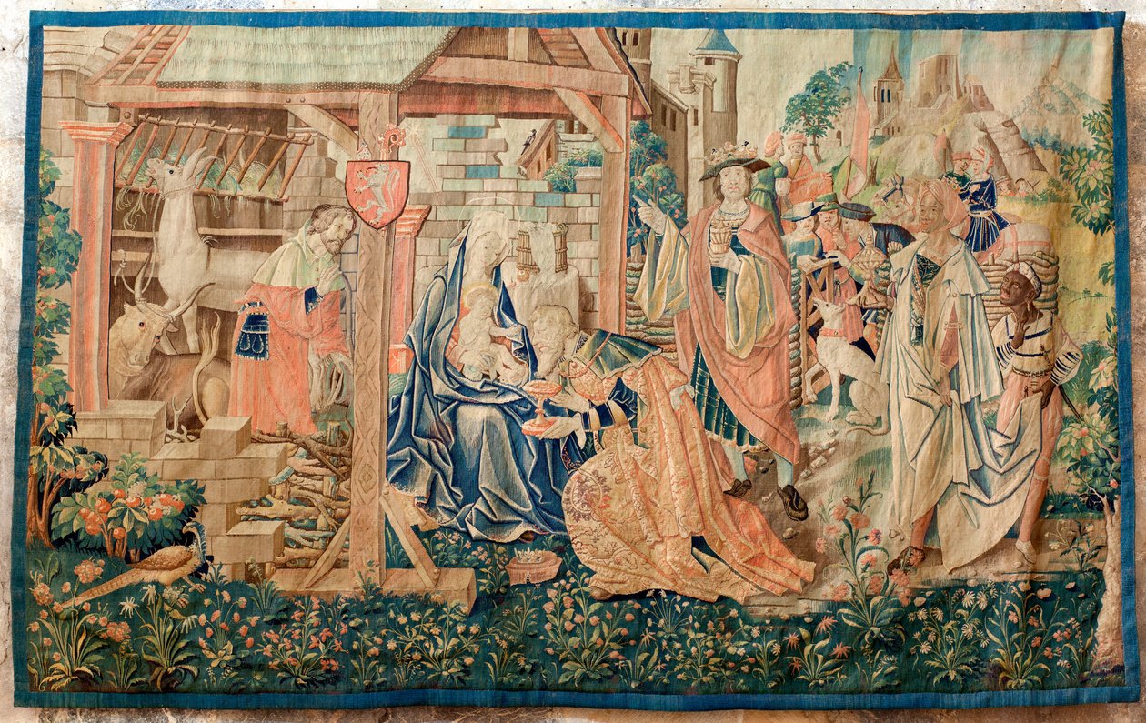 Bývalá katedrála (Ancienne cathédrale Notre-Dame). Muzejní sbírky. Vlámský gobelín. Klanění tří králů. Velení biskupem Jeanem de Mauléon. Část série původně zavěšená nad sedadlem The jubé (rood screen). 16. století. od Flemish School