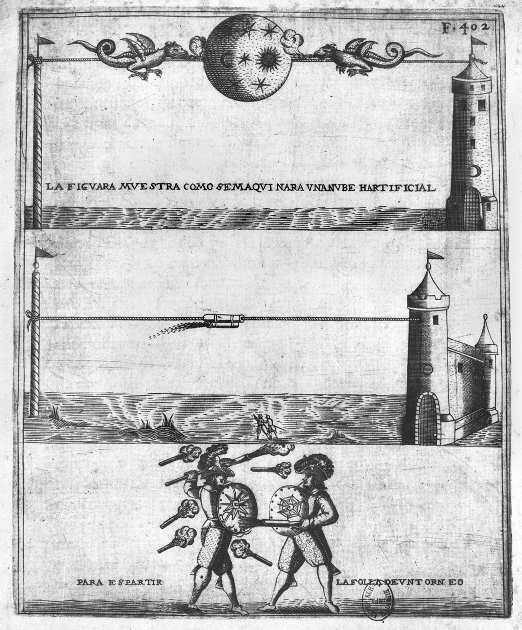 Jak vyrobit umělý mrak, ilustrace z Tratado de Artilleria od Diega Ufana, Brusel, 1613 od Flemish School