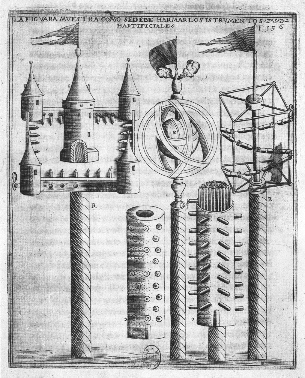Jak nastavit ohňostroj, ilustrace z Tratado de Artilleria od Diega Ufana, Brusel, 1613 od Flemish School