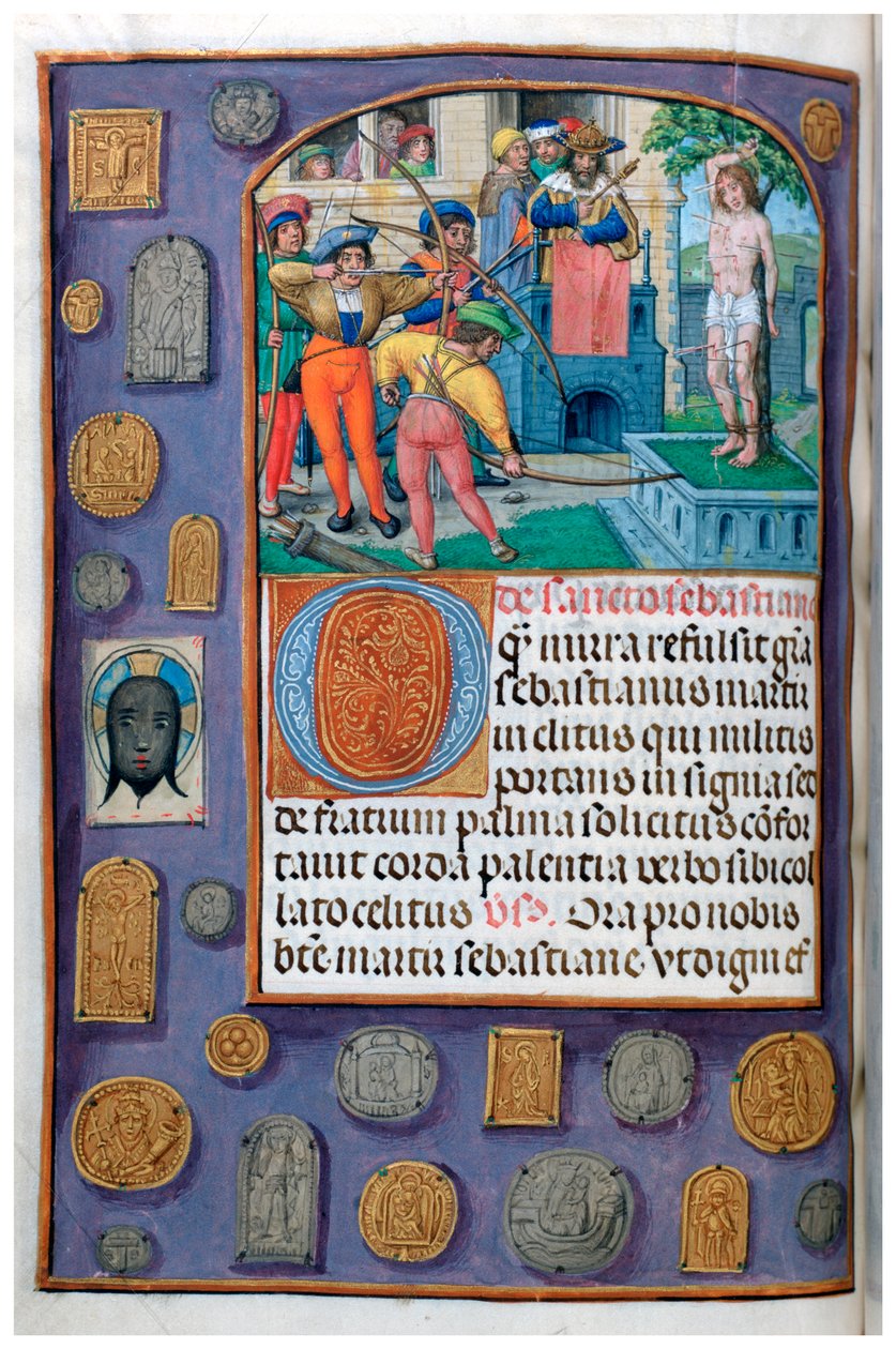 MS 4, sv. 127, f.112v, Umučení svatého Šebestiána s trompe l’oeil okrajem poutnických odznaků a verniklu, z Knihy hodin, Flandry, začátek 16. století (pero a inkoust a tempera na pergamenu) od Flemish School