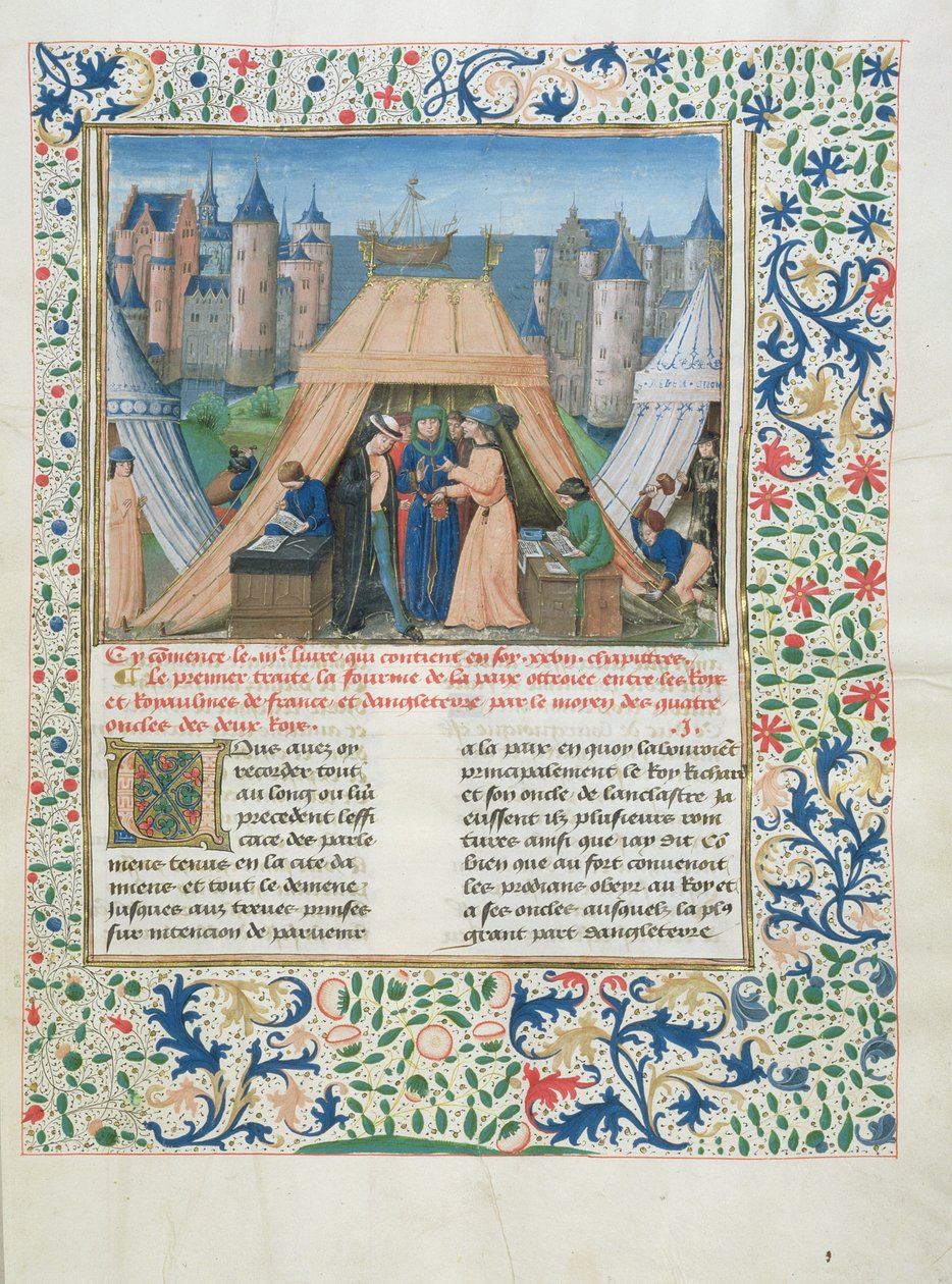 MS W201 f.147 Mírová smlouva z Chroniques dAngleterre (Vol.IV) 1475-80 (tempera na pergamenu) od Flemish School