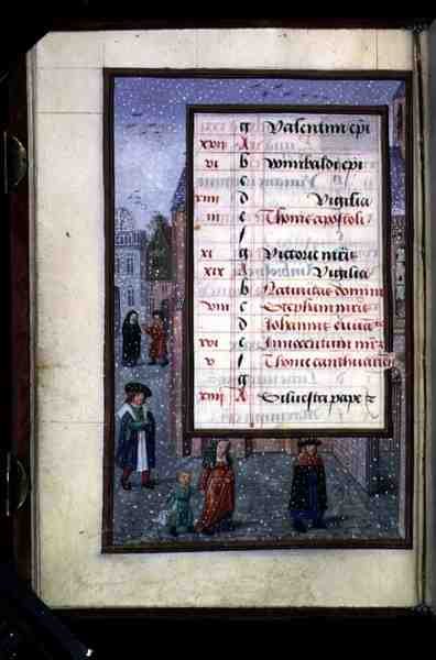 Ms 1058-1975 f12v Snow in a Street, osvětlená stránka kalendáře na prosinec, z knihy hodin, cca 1500 (vellum) od Flemish School