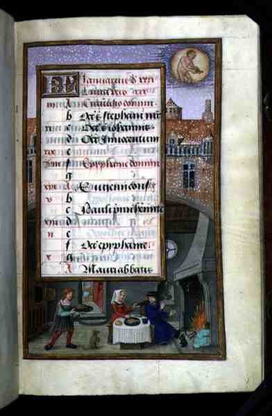 Ms 1058-1975 f1r Couple Feasting, osvětlená stránka kalendáře na leden, z Knihy hodin, cca 1500 (vellum) od Flemish School