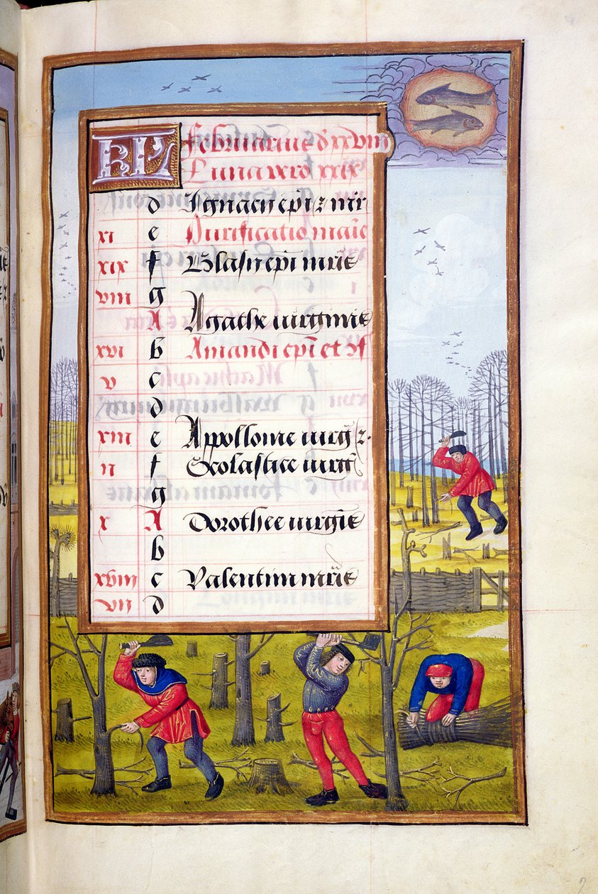 Ms 1058-1975 f2r Cutting Trees and Binding Faggots, iluminated page for February, from Book of Hours, c.1500 od Flemish School