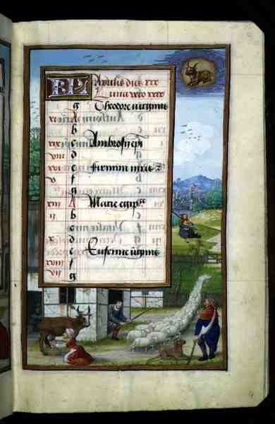 Ms 1058-1975 f4r Scéna z hospodářského dvora, iluminovaný kalendářní list na duben, z knihy hodin, asi 1500 (pergamen) od Flemish School