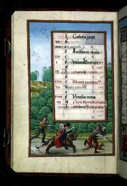 Ms 1058-1975 f4v A Master and his Lady Ride with the Hunt, osvětlená stránka kalendáře na duben, z Knihy hodin, cca 1500 (vellum) od Flemish School