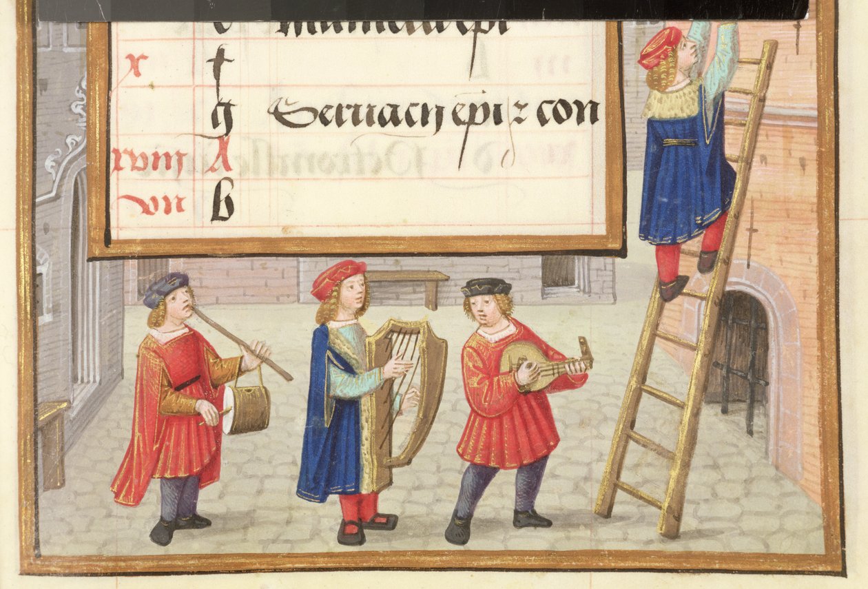 Ms 1058-1975 f.5r Hudebníci v dlážděné ulici, detail z iluminované stránky kalendáře na květen z "Vlámské knihy hodin", kolem roku 1500 (detail z 133909) od Flemish School